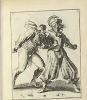 An illustration from Der Künstliche Ringer : oder dess Weyland Wolgeübeten und Berühmten Ring-Meisters Niclaus Petters Kurtze, jedoch Klare Unterweisung und Anleitung zu der Fürtrefflichen Ringe-Kunst: Daraus zulehrnen, evie man sich bey allerhand vorfallenden Schlägereyen fürsichtig beschützen, alle unredliche Anfälle ... abkehren, und seinem bosshafften Ansprenger Kunstgeschicklich begegnen könne (1674)