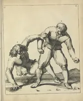 Picture 38 of 74 from Der Künstliche Ringer : oder dess Weyland Wolgeübeten und Berühmten Ring-Meisters Niclaus Petters Kurtze, jedoch Klare Unterweisung und Anleitung zu der Fürtrefflichen Ringe-Kunst: Daraus zulehrnen, evie man sich bey allerhand vorfallenden Schlägereyen fürsichtig beschützen, alle unredliche Anfälle ... abkehren, und seinem bosshafften Ansprenger Kunstgeschicklich begegnen könne (1674), leaf 98