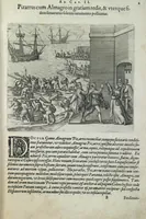 An illustration from Americae pars sexta, sive, Historiae ab Hieronymo Be[n]zono Mediolane[n]se scriptae, sectio tertia, res no[n] minus nobiles & admiratione plenas continens, quàm praecedentes duae : in hac enim reperies, qua ratione Hispani opule[n]tissimas illas Peruäni regni provincias occuparint, capto Rege Atabaliba, dei[n]de orta inter ipsos Hispanos in eo regno civilia bella : additus est brevis de Fortunatis insulis co[m]mentariolus in duo capita distinctus : item additiones ad singula capita historiam illustrantes : accessit Peruäni regni chorographica tabula (1596)