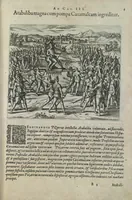 An illustration from Americae pars sexta, sive, Historiae ab Hieronymo Be[n]zono Mediolane[n]se scriptae, sectio tertia, res no[n] minus nobiles & admiratione plenas continens, quàm praecedentes duae : in hac enim reperies, qua ratione Hispani opule[n]tissimas illas Peruäni regni provincias occuparint, capto Rege Atabaliba, dei[n]de orta inter ipsos Hispanos in eo regno civilia bella : additus est brevis de Fortunatis insulis co[m]mentariolus in duo capita distinctus : item additiones ad singula capita historiam illustrantes : accessit Peruäni regni chorographica tabula (1596)