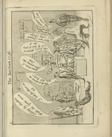 An illustration from A political and satirical history of the years 1756, 1757, 1758, 1759, 1760, 1761, and 1762. : In a series of 112 humourous and entertaining prints. Contraining all the most remarkable transactions, characters and caricatures of those memorable years. To which is annexed, an explanatory account or key to every print (1762)