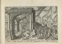 An illustration from Damvs tibi, benigne lector, vno libello tanqvam in specvlo exhibitas, memorabiliores Ivdaea gentis clades : vt delictorvm semper comites, ita cvm presenti, tvm posterae aetati pro exemplis fvtvras (1570)