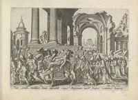 An illustration from Damvs tibi, benigne lector, vno libello tanqvam in specvlo exhibitas, memorabiliores Ivdaea gentis clades : vt delictorvm semper comites, ita cvm presenti, tvm posterae aetati pro exemplis fvtvras (1570)