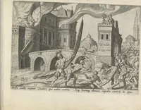 An illustration from Damvs tibi, benigne lector, vno libello tanqvam in specvlo exhibitas, memorabiliores Ivdaea gentis clades : vt delictorvm semper comites, ita cvm presenti, tvm posterae aetati pro exemplis fvtvras (1570)