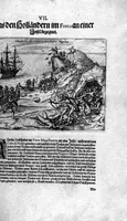 Picture 33 of 40 from Additamentum, oder Anhang dess neundten Theils Americae : welches ist ein warhafftige vnnd eygentliche Beschreibung der langwirigen ... Schiffahrt, so Oliuier van Noort ... durch das ... Fretum Magellanum, vmb die gantze Kugel der Welt ... gethan ... hat (1602), leaf 114
