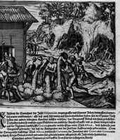 Picture 59 of 81 from Americae das fünffte Buch, vol schöner vnerhörter Historien, auss dem andern Theil Ioannis Benzonis gezogen: von der Spanier Wüten, beyd wider ... die Nigriten, vnnd auch die ... Indianer: wie die Spanier von den frantzösischen Meerräubern ... angriffen vnd geplündert worden ... wie sie erstlich das Neuwe Spanien erfunden haben ... Sampt ... Erklärung der Historien ... Auch einer Landtafel, dess Neuwen Spanien (1613), leaf 124