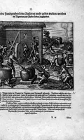 Picture 60 of 81 from Americae das fünffte Buch, vol schöner vnerhörter Historien, auss dem andern Theil Ioannis Benzonis gezogen: von der Spanier Wüten, beyd wider ... die Nigriten, vnnd auch die ... Indianer: wie die Spanier von den frantzösischen Meerräubern ... angriffen vnd geplündert worden ... wie sie erstlich das Neuwe Spanien erfunden haben ... Sampt ... Erklärung der Historien ... Auch einer Landtafel, dess Neuwen Spanien (1613), leaf 125