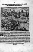 An illustration from Americae das fünffte Buch, vol schöner vnerhörter Historien, auss dem andern Theil Ioannis Benzonis gezogen: von der Spanier Wüten, beyd wider ... die Nigriten, vnnd auch die ... Indianer: wie die Spanier von den frantzösischen Meerräubern ... angriffen vnd geplündert worden ... wie sie erstlich das Neuwe Spanien erfunden haben ... Sampt ... Erklärung der Historien ... Auch einer Landtafel, dess Neuwen Spanien (1613)