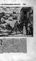 Picture 66 of 81 from Americae das fünffte Buch, vol schöner vnerhörter Historien, auss dem andern Theil Ioannis Benzonis gezogen: von der Spanier Wüten, beyd wider ... die Nigriten, vnnd auch die ... Indianer: wie die Spanier von den frantzösischen Meerräubern ... angriffen vnd geplündert worden ... wie sie erstlich das Neuwe Spanien erfunden haben ... Sampt ... Erklärung der Historien ... Auch einer Landtafel, dess Neuwen Spanien (1613), leaf 131