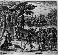 An illustration from Americae das fünffte Buch, vol schöner vnerhörter Historien, auss dem andern Theil Ioannis Benzonis gezogen: von der Spanier Wüten, beyd wider ... die Nigriten, vnnd auch die ... Indianer: wie die Spanier von den frantzösischen Meerräubern ... angriffen vnd geplündert worden ... wie sie erstlich das Neuwe Spanien erfunden haben ... Sampt ... Erklärung der Historien ... Auch einer Landtafel, dess Neuwen Spanien (1613)