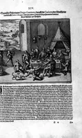 An illustration from Americae das fünffte Buch, vol schöner vnerhörter Historien, auss dem andern Theil Ioannis Benzonis gezogen: von der Spanier Wüten, beyd wider ... die Nigriten, vnnd auch die ... Indianer: wie die Spanier von den frantzösischen Meerräubern ... angriffen vnd geplündert worden ... wie sie erstlich das Neuwe Spanien erfunden haben ... Sampt ... Erklärung der Historien ... Auch einer Landtafel, dess Neuwen Spanien (1613)