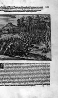 An illustration from Americae das fünffte Buch, vol schöner vnerhörter Historien, auss dem andern Theil Ioannis Benzonis gezogen: von der Spanier Wüten, beyd wider ... die Nigriten, vnnd auch die ... Indianer: wie die Spanier von den frantzösischen Meerräubern ... angriffen vnd geplündert worden ... wie sie erstlich das Neuwe Spanien erfunden haben ... Sampt ... Erklärung der Historien ... Auch einer Landtafel, dess Neuwen Spanien (1613)