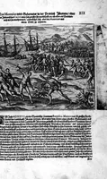 Picture 77 of 81 from Americae das fünffte Buch, vol schöner vnerhörter Historien, auss dem andern Theil Ioannis Benzonis gezogen: von der Spanier Wüten, beyd wider ... die Nigriten, vnnd auch die ... Indianer: wie die Spanier von den frantzösischen Meerräubern ... angriffen vnd geplündert worden ... wie sie erstlich das Neuwe Spanien erfunden haben ... Sampt ... Erklärung der Historien ... Auch einer Landtafel, dess Neuwen Spanien (1613), leaf 142