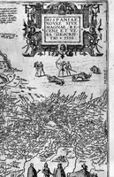 An illustration from Americae das fünffte Buch, vol schöner vnerhörter Historien, auss dem andern Theil Ioannis Benzonis gezogen: von der Spanier Wüten, beyd wider ... die Nigriten, vnnd auch die ... Indianer: wie die Spanier von den frantzösischen Meerräubern ... angriffen vnd geplündert worden ... wie sie erstlich das Neuwe Spanien erfunden haben ... Sampt ... Erklärung der Historien ... Auch einer Landtafel, dess Neuwen Spanien (1613)