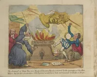 Picture 2 of 2 from The wonderful history of the celebrated Friar Bacon : who studies the magic art, and saves a gentleman from the Devil, to whom he had sold his soul and body : he erects a wonderful brazen head, which was to enable him to secure all England from invasion, it speaks, but loses its virtue by his servant's folly : by his help France is conquered : he makes three wicked thieves, who tried to rob him, dance a hornpipe over hedges into ditches, against their wills : with many curious particulars (1829), leaf 6