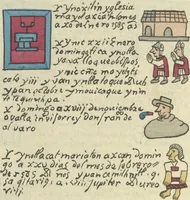 An illustration from Histoire de la nation Mexicaine, depuis le départ d'Aztlan jusqu'à l'arrivée des conquérants espanols (et au delà 1607) : manuscrit figuratif acompagné de texte en langue Nahuatl ou Mexicaine suivi d'une traduction en français (1893)