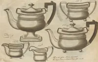 Picture 5 of 110 from Engraved pattern book or trade catalogue of Sheffield plate, including cruet, soy frames, dinnerware, soup tureens, sauce boats, platters, coasters, salt cellars, mustard pots, serving pieces, utensils, cake baskets, tea urns, candlesticks, candelabra, oil lamps, snuffers and more (1800), leaf 10