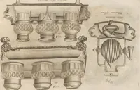 An illustration from Engraved pattern book or trade catalogue of Sheffield plate, including cruet, soy frames, dinnerware, soup tureens, sauce boats, platters, coasters, salt cellars, mustard pots, serving pieces, utensils, cake baskets, tea urns, candlesticks, candelabra, oil lamps, snuffers and more (1800)