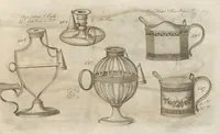 Picture 88 of 110 from Engraved pattern book or trade catalogue of Sheffield plate, including cruet, soy frames, dinnerware, soup tureens, sauce boats, platters, coasters, salt cellars, mustard pots, serving pieces, utensils, cake baskets, tea urns, candlesticks, candelabra, oil lamps, snuffers and more (1800), leaf 107