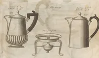 An illustration from Engraved pattern book or trade catalogue of Sheffield plate, including cruet, soy frames, dinnerware, soup tureens, sauce boats, platters, coasters, salt cellars, mustard pots, serving pieces, utensils, cake baskets, tea urns, candlesticks, candelabra, oil lamps, snuffers and more (1800)