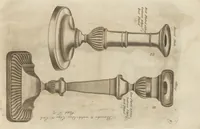 An illustration from Engraved pattern book or trade catalogue of Sheffield plate, including cruet, soy frames, dinnerware, soup tureens, sauce boats, platters, coasters, salt cellars, mustard pots, serving pieces, utensils, cake baskets, tea urns, candlesticks, candelabra, oil lamps, snuffers and more (1800)