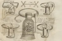 Picture 102 of 110 from Engraved pattern book or trade catalogue of Sheffield plate, including cruet, soy frames, dinnerware, soup tureens, sauce boats, platters, coasters, salt cellars, mustard pots, serving pieces, utensils, cake baskets, tea urns, candlesticks, candelabra, oil lamps, snuffers and more (1800), leaf 135