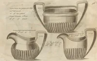 Picture 8 of 110 from Engraved pattern book or trade catalogue of Sheffield plate, including cruet, soy frames, dinnerware, soup tureens, sauce boats, platters, coasters, salt cellars, mustard pots, serving pieces, utensils, cake baskets, tea urns, candlesticks, candelabra, oil lamps, snuffers and more (1800), leaf 14