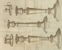 Picture 104 of 110 from Engraved pattern book or trade catalogue of Sheffield plate, including cruet, soy frames, dinnerware, soup tureens, sauce boats, platters, coasters, salt cellars, mustard pots, serving pieces, utensils, cake baskets, tea urns, candlesticks, candelabra, oil lamps, snuffers and more (1800), leaf 140