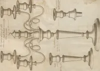 Picture 110 of 110 from Engraved pattern book or trade catalogue of Sheffield plate, including cruet, soy frames, dinnerware, soup tureens, sauce boats, platters, coasters, salt cellars, mustard pots, serving pieces, utensils, cake baskets, tea urns, candlesticks, candelabra, oil lamps, snuffers and more (1800), leaf 151