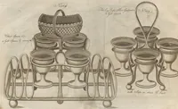 An illustration from Engraved pattern book or trade catalogue of Sheffield plate, including cruet, soy frames, dinnerware, soup tureens, sauce boats, platters, coasters, salt cellars, mustard pots, serving pieces, utensils, cake baskets, tea urns, candlesticks, candelabra, oil lamps, snuffers and more (1800)