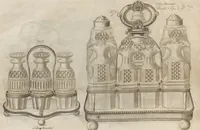 Picture 26 of 110 from Engraved pattern book or trade catalogue of Sheffield plate, including cruet, soy frames, dinnerware, soup tureens, sauce boats, platters, coasters, salt cellars, mustard pots, serving pieces, utensils, cake baskets, tea urns, candlesticks, candelabra, oil lamps, snuffers and more (1800), leaf 36