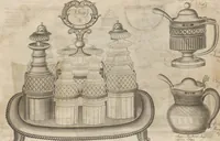 Picture 31 of 110 from Engraved pattern book or trade catalogue of Sheffield plate, including cruet, soy frames, dinnerware, soup tureens, sauce boats, platters, coasters, salt cellars, mustard pots, serving pieces, utensils, cake baskets, tea urns, candlesticks, candelabra, oil lamps, snuffers and more (1800), leaf 41