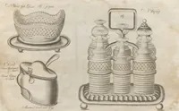 Picture 32 of 110 from Engraved pattern book or trade catalogue of Sheffield plate, including cruet, soy frames, dinnerware, soup tureens, sauce boats, platters, coasters, salt cellars, mustard pots, serving pieces, utensils, cake baskets, tea urns, candlesticks, candelabra, oil lamps, snuffers and more (1800), leaf 42