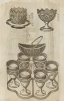 Picture 42 of 110 from Engraved pattern book or trade catalogue of Sheffield plate, including cruet, soy frames, dinnerware, soup tureens, sauce boats, platters, coasters, salt cellars, mustard pots, serving pieces, utensils, cake baskets, tea urns, candlesticks, candelabra, oil lamps, snuffers and more (1800), leaf 54