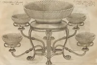 An illustration from Engraved pattern book or trade catalogue of Sheffield plate, including cruet, soy frames, dinnerware, soup tureens, sauce boats, platters, coasters, salt cellars, mustard pots, serving pieces, utensils, cake baskets, tea urns, candlesticks, candelabra, oil lamps, snuffers and more (1800)