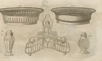 Picture 60 of 110 from Engraved pattern book or trade catalogue of Sheffield plate, including cruet, soy frames, dinnerware, soup tureens, sauce boats, platters, coasters, salt cellars, mustard pots, serving pieces, utensils, cake baskets, tea urns, candlesticks, candelabra, oil lamps, snuffers and more (1800), leaf 77