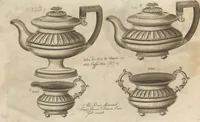 Picture 3 of 110 from Engraved pattern book or trade catalogue of Sheffield plate, including cruet, soy frames, dinnerware, soup tureens, sauce boats, platters, coasters, salt cellars, mustard pots, serving pieces, utensils, cake baskets, tea urns, candlesticks, candelabra, oil lamps, snuffers and more (1800), leaf 8