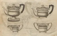 Picture 4 of 110 from Engraved pattern book or trade catalogue of Sheffield plate, including cruet, soy frames, dinnerware, soup tureens, sauce boats, platters, coasters, salt cellars, mustard pots, serving pieces, utensils, cake baskets, tea urns, candlesticks, candelabra, oil lamps, snuffers and more (1800), leaf 9