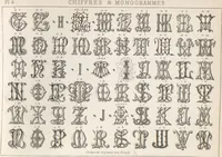 An illustration from Álbum graphique : recueil d'alphabets français, étrangers et ornés, couronnes, armes, supports, chiffres entrelacés et ornés : [volume 2] / monogrammes tires d'anciens manuscrits et composés par J. Girault (1870)