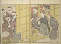 An illustration from Amusements of Kabuki Actors of the "Third Floor" [Dressing Room] (Yakusha sangaikyō), by Shikitei Sanba (1801)