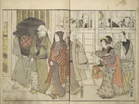 An illustration from Amusements of Kabuki Actors of the "Third Floor" [Dressing Room] (Yakusha sangaikyō), by Shikitei Sanba (1801)