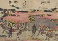 An illustration from Fifty-three Stations on the Tōkaidō Road (Tōkaidō gojūsantsugi ehon ekiro no suzu 東海道五十三次絵本駅路鈴) : [volume 1] (1840)