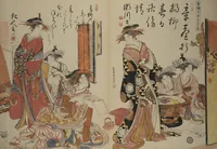 An illustration from A New Record Comparing the Handwriting of the Courtesans of the Yoshiwara (Yoshiwara keisei shin bijin jihitsu kagami) (1784)