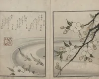 An illustration from One Hundred Comic Poems of the Flower, One of the Three Friends, Tsuki, the Moon, Yuki, the Snow, and Hana, the Flower (Sansai hana hyakushu) : [volume 1] (1828)