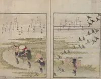 An illustration from One Hundred Comic Poems of the Flower, One of the Three Friends, Tsuki, the Moon, Yuki, the Snow, and Hana, the Flower (Sansai tsuki hyakushu) : [volume 2] (1829)