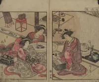 An illustration from Mirror of the Beautiful Women of the Yoshiwara Brothels (Seirō bijin awase sugata kagami) : [volume 2] (1776)