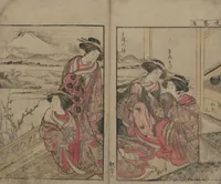 An illustration from Mirror of the Beautiful Women of the Yoshiwara Brothels (Seirō bijin awase sugata kagami) : [volume 2] (1776)
