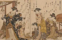 An illustration from Yoshiwara Courtesans : a New Mirror Comparing the Calligraphy of Beauties (Yoshiwara keisei: Shin bijin awase jihitsu kagami) (1784)
