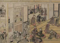 An illustration from New Year's Day at the Ogiya Seiro (Yoshiwara yūkaku no kei 吉原遊郭の景) (1811)