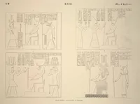 An illustration from Monuments de l'Égypte et de la Nubie, d'après les dessins exécutés sur les lieux sous la direction de Champollion-le-jeune, et les descriptions autographes qu'il en a rédigées; pub. sous les auspices de M. Guizot et de M. Thiers ... par une commission spéciale. Planches (1835)